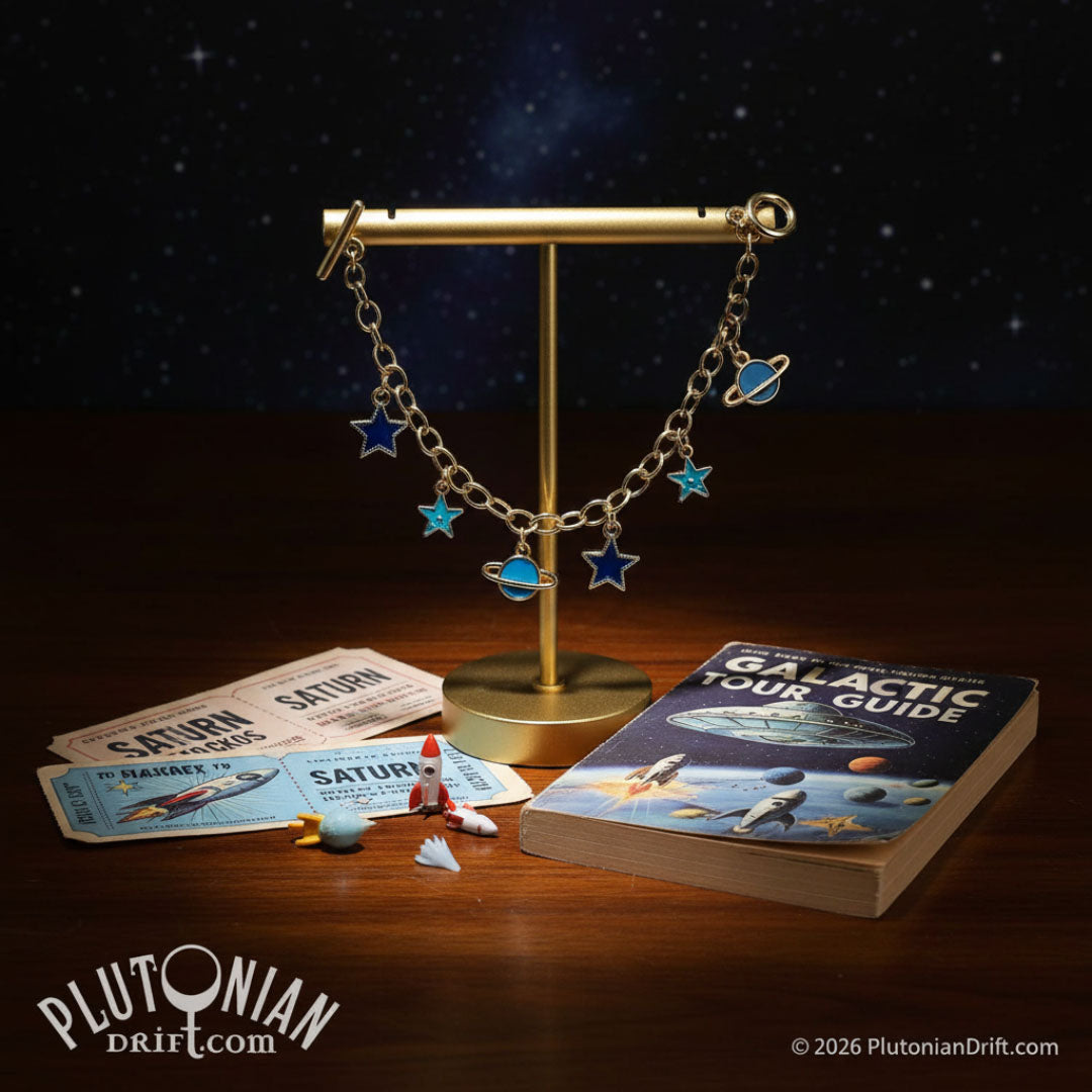 Travel Guide - Galactic tour charm bracelet. A gold tone chain charm bracelet on a jewellery stand against a space background, standing on a table among tickets to Saturn and space travel guides. Charms are blue enamel stars and ringed planets. Plutonian Drift.